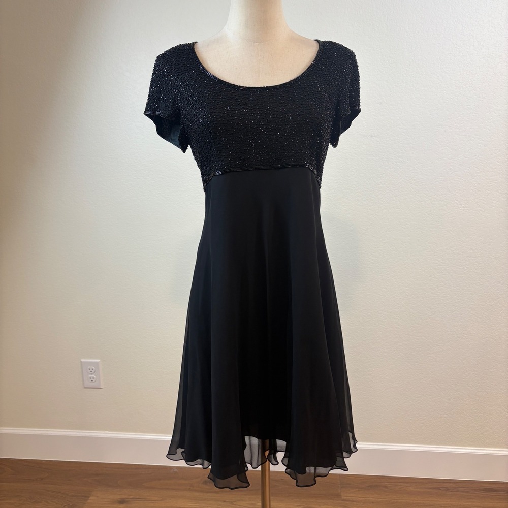 Vintage 90s  Bieff Basix Beaded Silk Dress Women 10 Black Cocktail Empire Date
